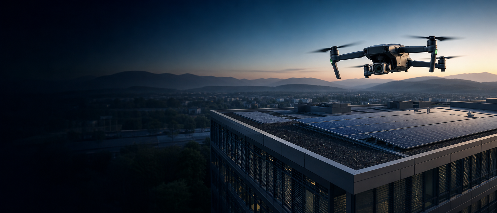 Drohne bei der Inspektion eines Gebäudedachs mit Photovoltaikanlage