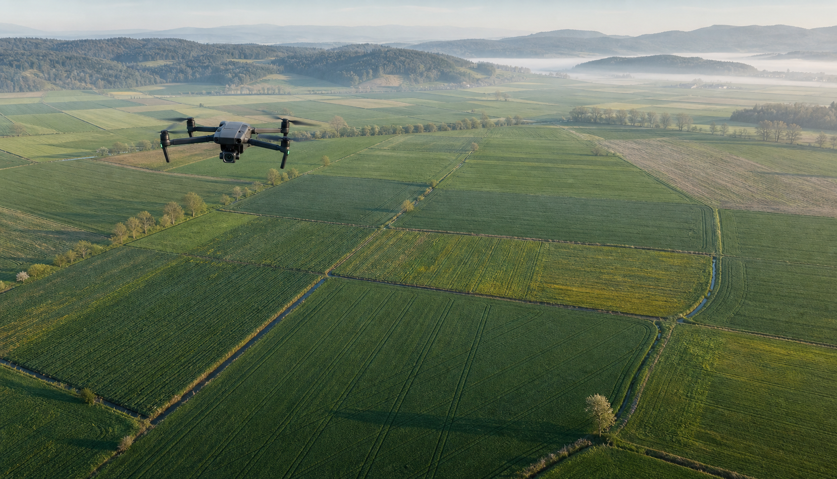 Drohne über landwirtschaftlichen Flächen in der Steiermark
